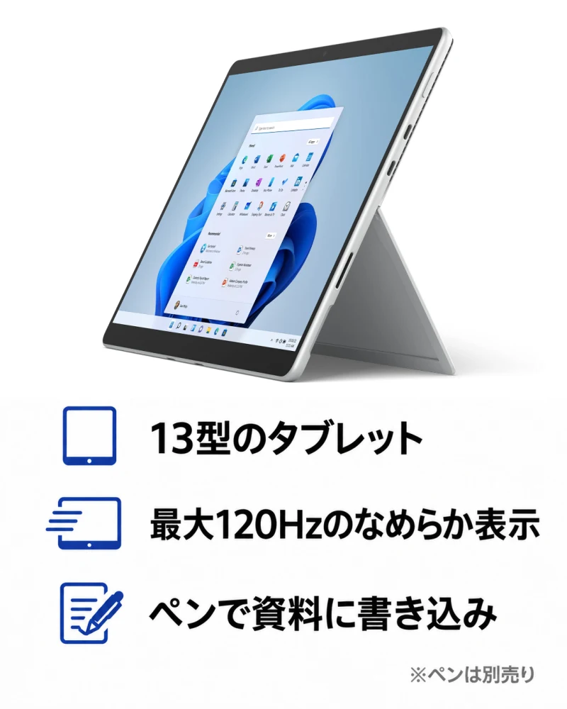 Surface Pro 8：13型のタブレット、最大120Hzのなめらか表示、ペンで資料に書き込み（ペンは別売り）