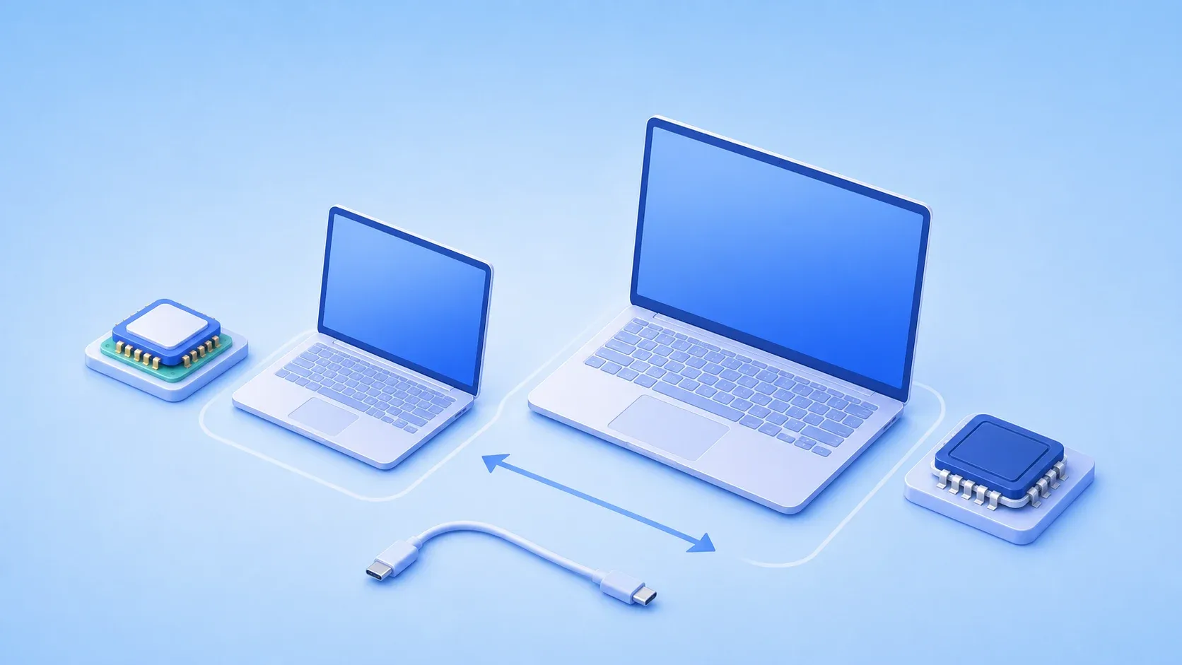 大小2台の汎用ノートPCと異なるCPUを比較するイメージ