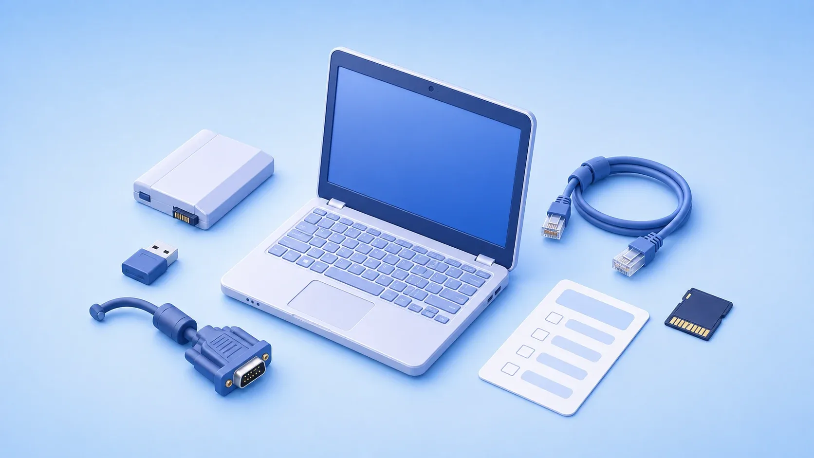 小型の汎用ノートPCとバッテリー、端子、状態チェックカードのイメージ
