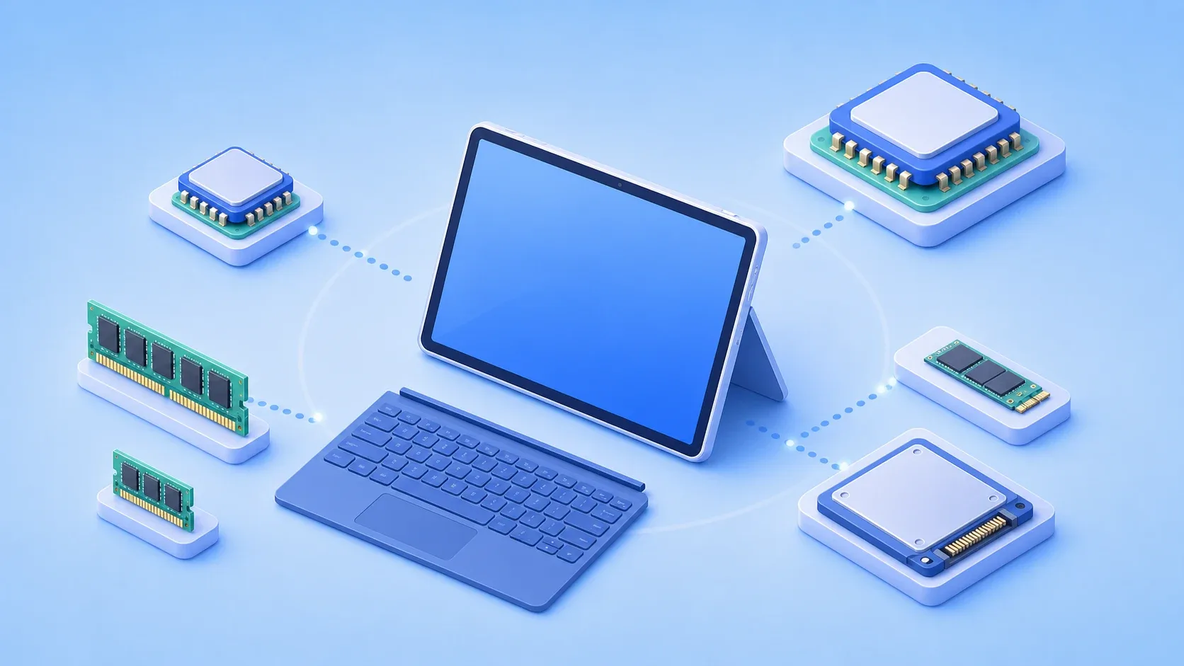 小型の汎用タブレットPCとCPU、メモリ、SSD、キーボードを選ぶイメージ