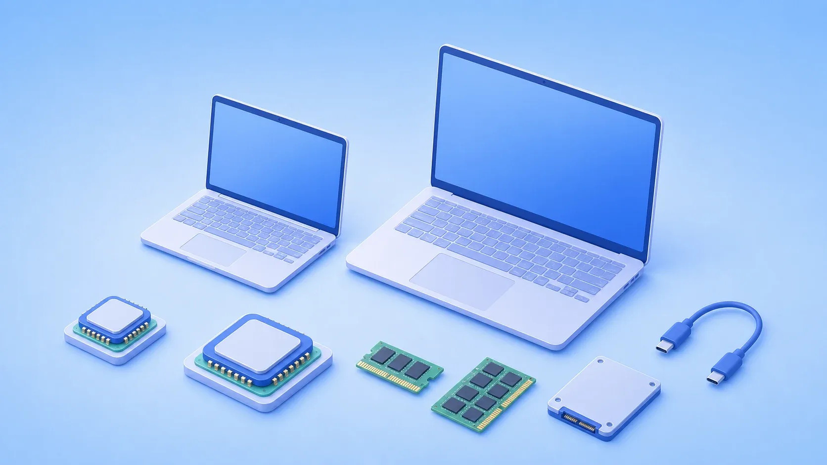 大小の汎用ノートPCと2種類のCPU、メモリを選ぶイメージ