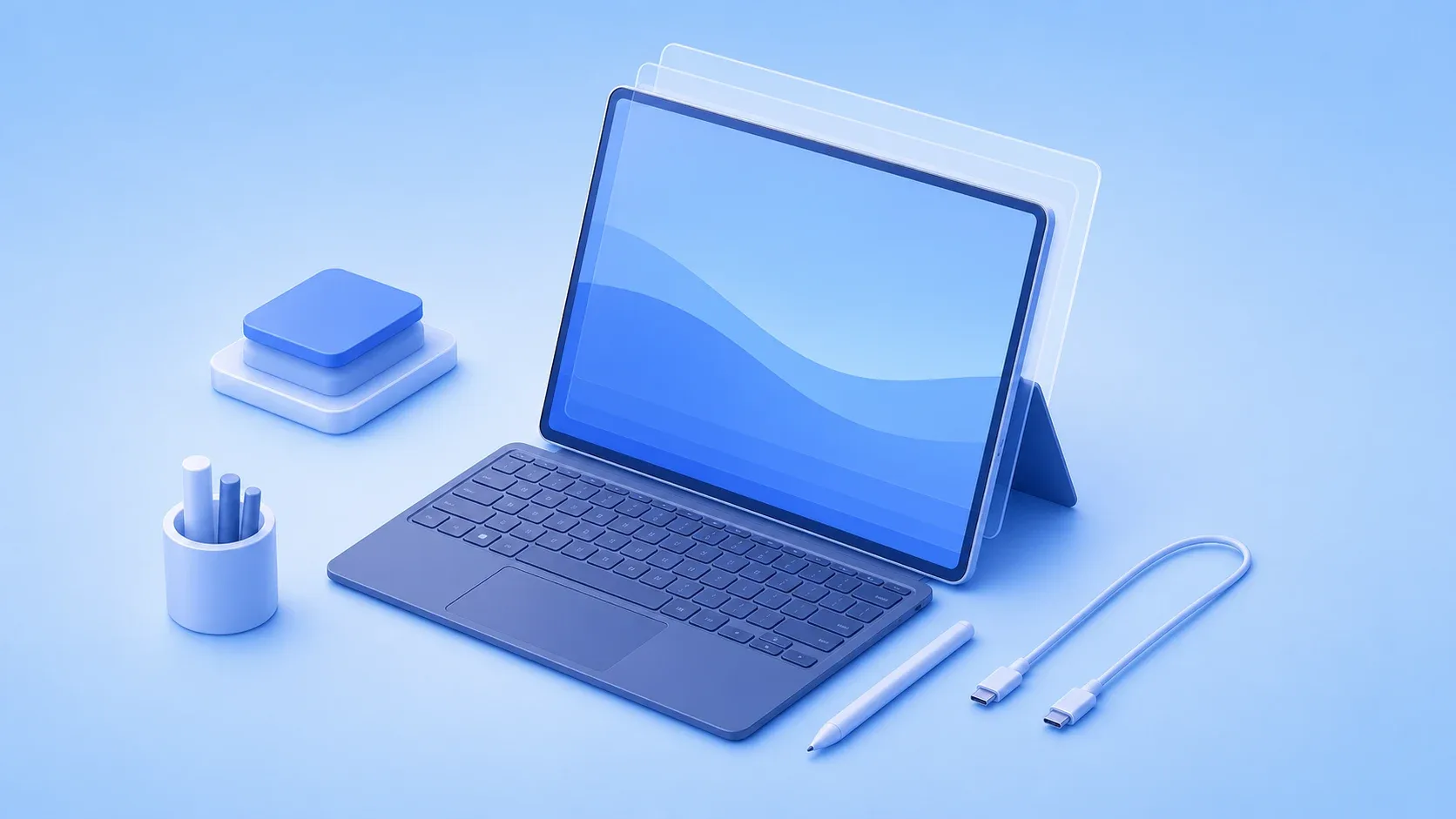 大きめの汎用タブレットPCと滑らかな画面、キーボード、USB-C機器のイメージ