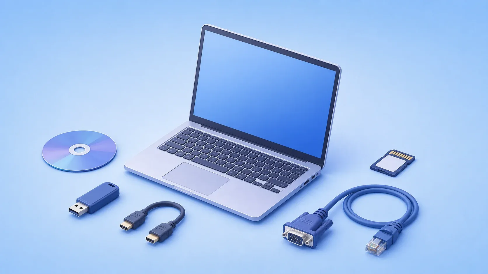 14型の汎用ノートPCに光学ディスクと多様なケーブルを配置したイメージ