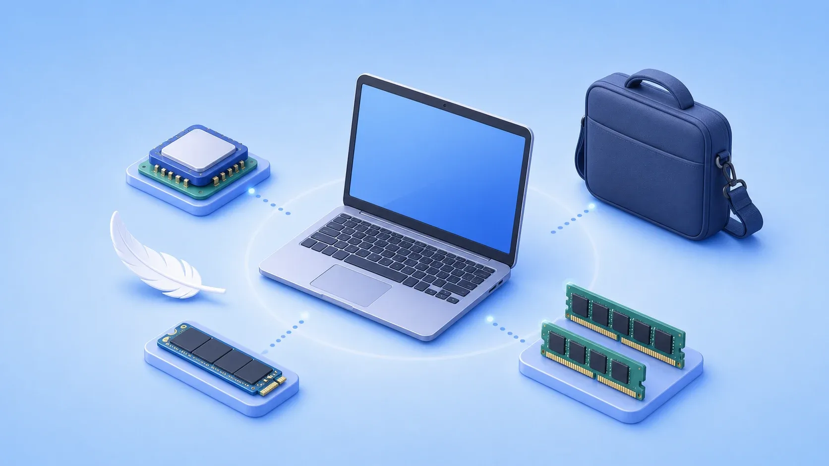 小型の汎用ノートPCとCPU、交換可能なメモリ、SSDを確認するイメージ