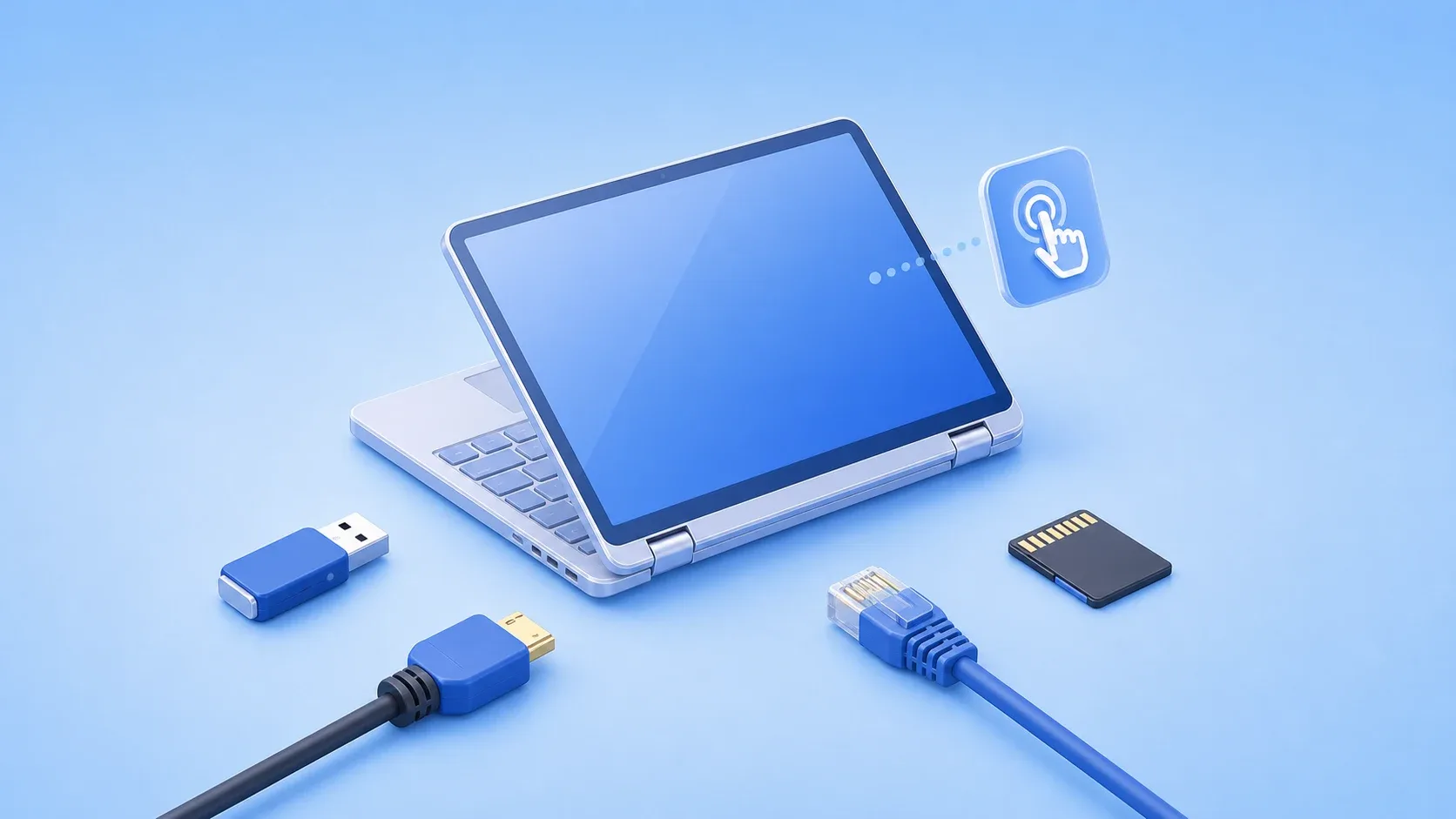 汎用2-in-1ノートPCを回転させながら多様な周辺機器へ接続するイメージ