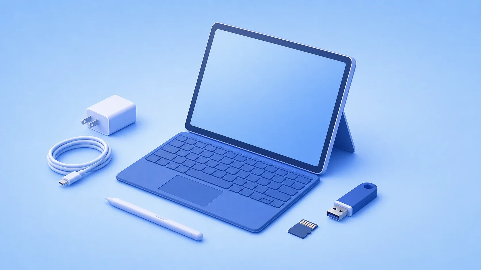 汎用タブレットPCと着脱式キーボード、USB機器、microSDカードのイメージ
