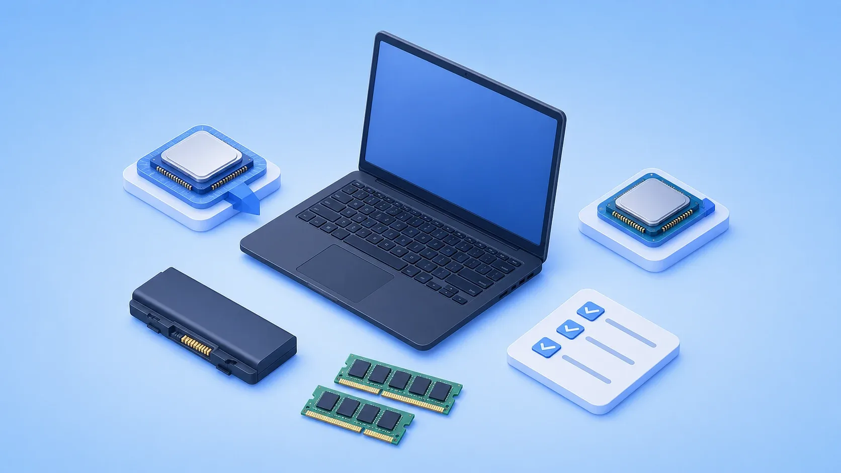 汎用ノートPCとCPU、着脱式バッテリー、メモリを確認するイメージ