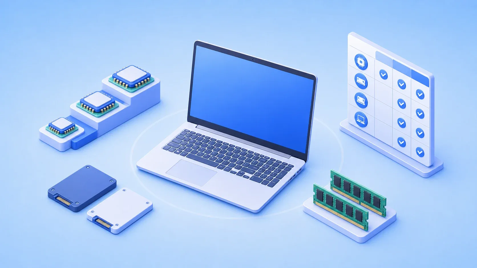 15型の汎用ノートPCとCPU、メモリ、SSDを比較するイメージ