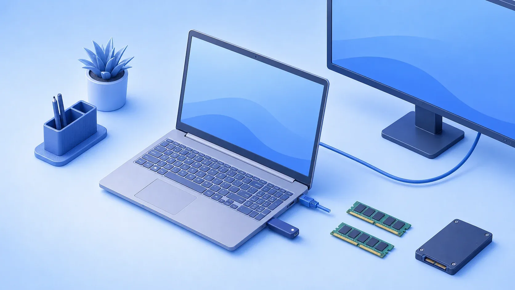 15型の汎用ノートPCに有線LANや外部機器を接続するイメージ