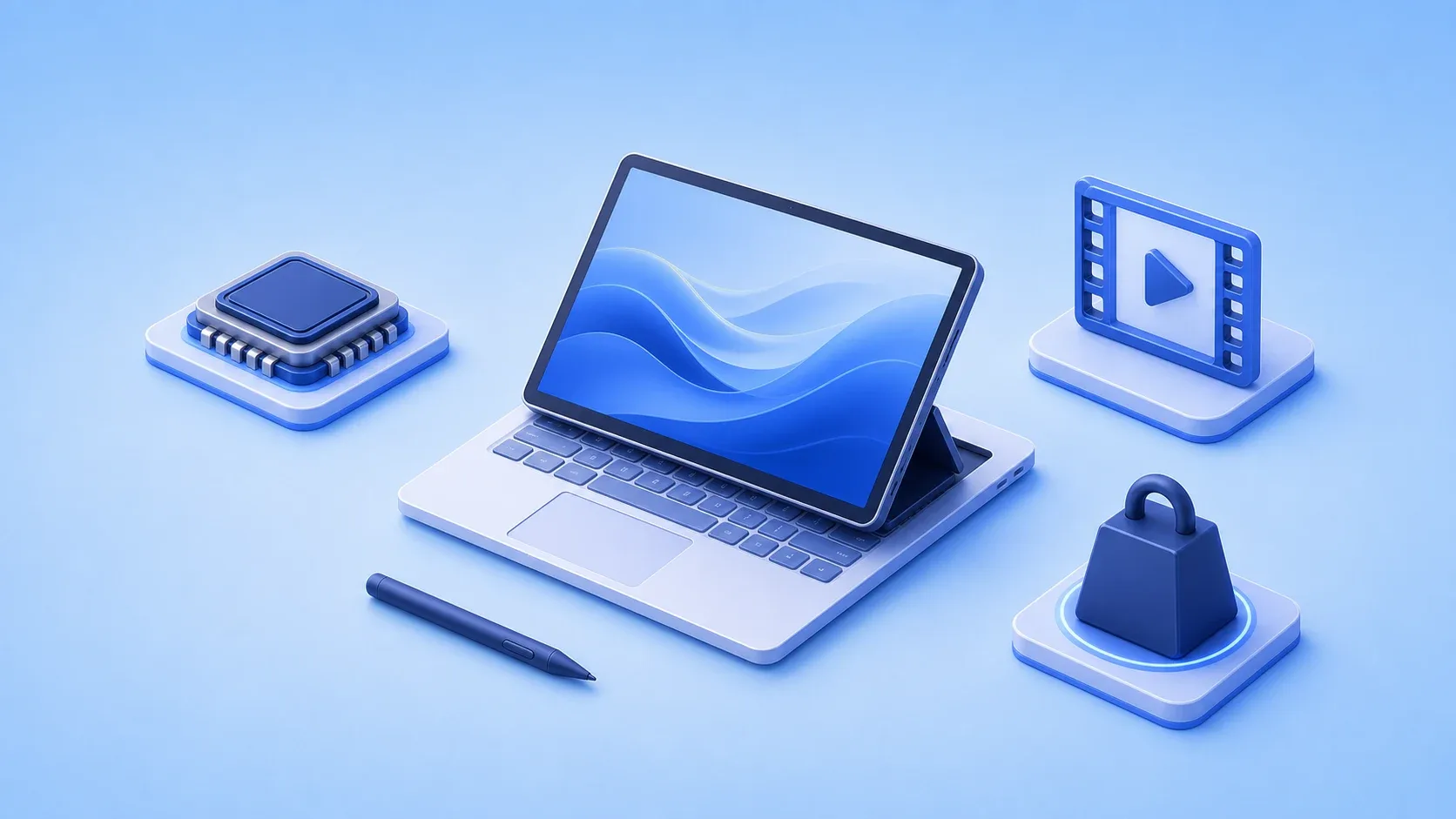 汎用高性能ノートPCの画面を前へ倒しペン作業と映像編集をするイメージ