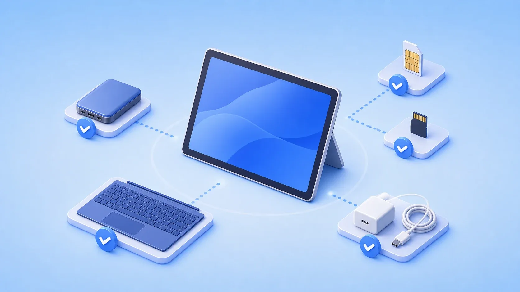 汎用タブレットPCと交換式SSD、SIMカード、着脱式キーボードのイメージ