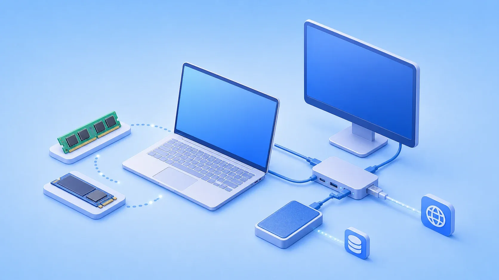 汎用ノートPCをUSB-Cドックと複数の周辺機器へ接続するイメージ