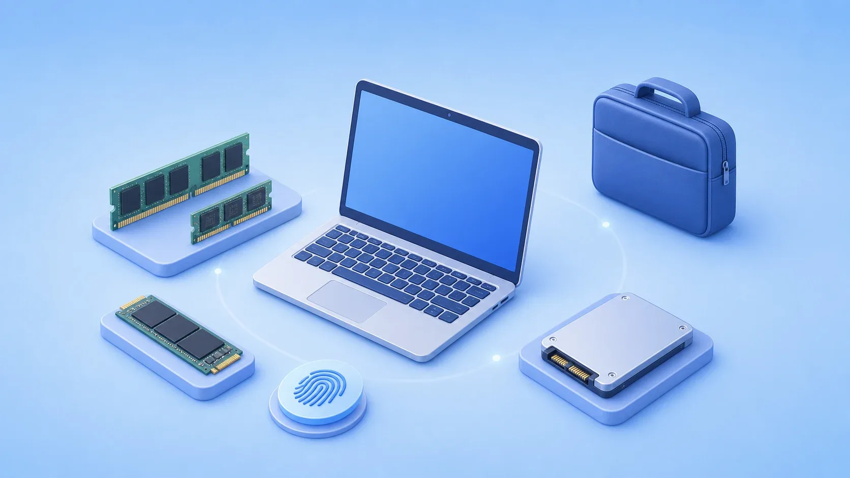 小型の汎用ノートPCとメモリ、SSD、通勤バッグを比較するイメージ